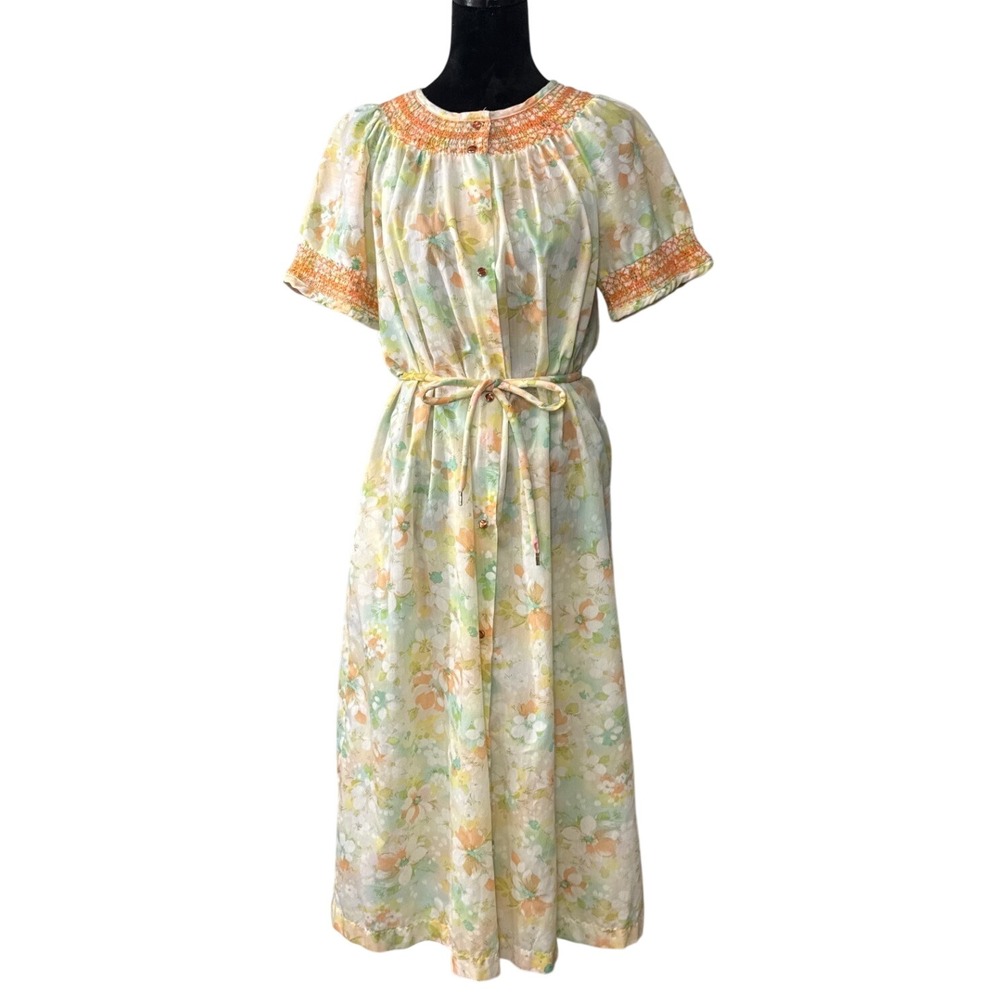Sears Nightgown Womens L Multi Floral‎ Vintage Smocked Cottagecore House Dress